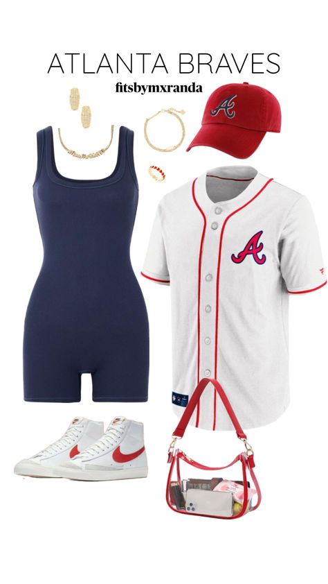 ATLANTA BRAVES GAME OUTFIT #outfitinspo #baseball #baseballoutfit #atlantabraves #fashion #gamedayfit Baseball Wife Outfit, Atlanta Braves Outfit, Braves Game Outfit, Girls Baseball Outfit, Baseball Game Outfit, Baseball Mom Outfits, Bbq Outfits, Braves Game, College Gameday Outfits