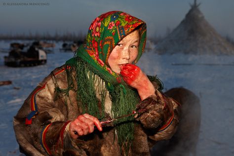 Eurasia: Nenets girl eating raw reindeer meat, Siberia, Russia Nenets Siberia, Meat Art, Arctic Ocean, First Peoples, Unique Faces, Folk Fashion, We Are The World, Fashion People, Portrait Poses