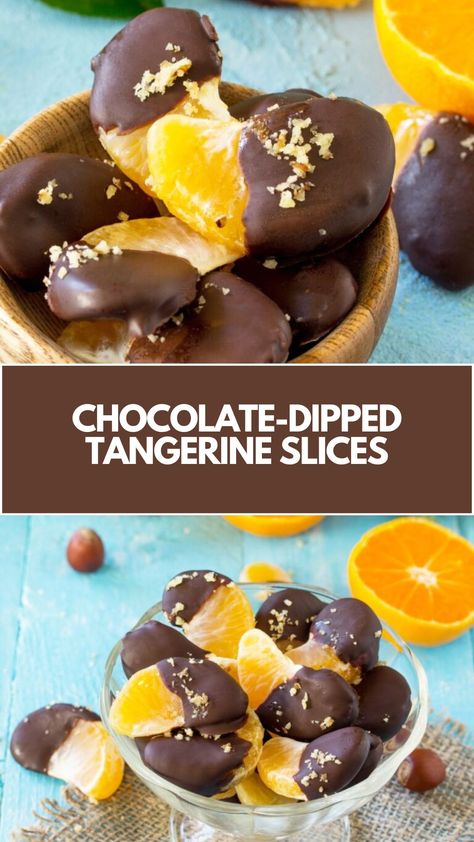 Chocolate-Dipped Tangerine Slices Recipe made with fresh tangerine slices, dipped in melted chocolate, and optionally topped with nuts this dessert serves about 6 people and takes about 15 minutes to prepare, with additional chilling time for the chocolate to set. Dehydrated Orange Slices Dipped In Chocolate, Chocolate Covered Tangerines, Chocolate Dipped Oranges, Dipping Fruit In Chocolate, Chocolate Dipped Apricots, Cool Desserts, Dessert Inspiration, Chocolate Dipped Fruit, Winter Fruit