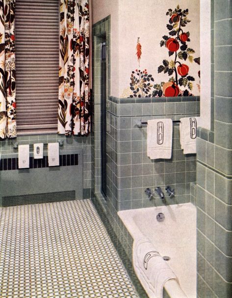 1950 Tile Bathroom, Blue 1950s Bathroom, 1950 Bathroom Remodel Vintage Tile, 1950s Tile Bathroom, 1950 Bathroom Design, 1950s Bathroom Tile, Vintage Bathroom Ideas 1950s, 1950 Bathroom Remodel, Retro Bathroom Ideas Vintage