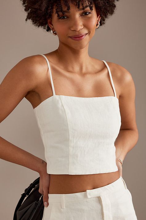 By Bardot 100% Linen Zipper styling Adjustable straps Smocked back Hand wash Imported Fit: Cropped length | Sita Linen Square-Neck Crop Top by Bardot in White, Women's Size: Uk 12 at Anthropologie White Linen Crop Top, White Linen Top Outfit, Linen Top Outfit, White Linen Top, Bridal Bra, Money Fashion, Linen Crop Top, 2024 Outfits, Neck Crop Top