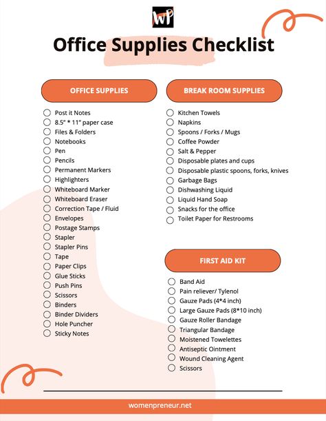 Checklist with list of items for office supplies for small business New Office Supply Checklist, Organisation, Stationary Supplies Business, Basic Office Supplies List, Office Stationary List, Work Office Supplies List, Office Needs List, Checklist For Small Business, First Office Job Essentials