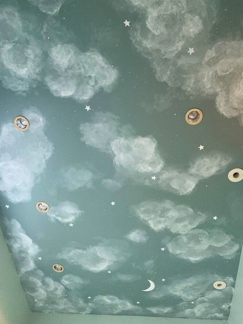 Ceiling Painted Like Sky, Ceiling Clouds Painting, Cloud Ceiling Paint, Cloud Painting Ceiling, Sky Painted Ceiling Bedrooms, Stars Painted On Ceiling, Painted Clouds On Ceiling, Painting Clouds On Ceiling, Painted Star Ceiling