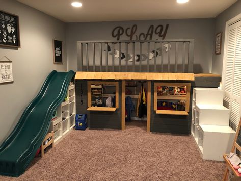 Toyroom Ideas Boys, Indoor Play Areas Diy, Diy Small Playroom Ideas, Playroom For Preschoolers, Small Loft Playroom, Loft Space Playroom, Loft In Playroom, Bed With Play Area Above, Fun Basement Ideas For Kids