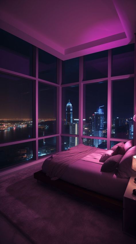 Luxury Loft Bedroom, Bedroom Nighttime, Led Aesthetic, Nighttime City, Aesthetic Visionboard, City View Apartment, Apartment View, Luxury Bedrooms, Moodboard Inspiration