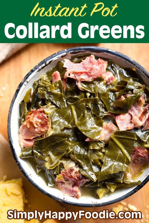 Rich, flavorful Instant Pot Collard Greens are cooked with a ham hock or turkey legs, etc. You will love these pressure cooker collard greens with a side of cornbread! simplyhappyfoodie.com, instapot collard greens, instant pot dinner ideas, instant pot recipes Instant Pot Collard Greens Ham Hock, Instant Pot Collard Greens, Cooking Collard Greens, How To Grow Kale, Collard Greens With Bacon, Grow Kale, Simply Happy Foodie, Ham Hocks, Collard Greens Recipe