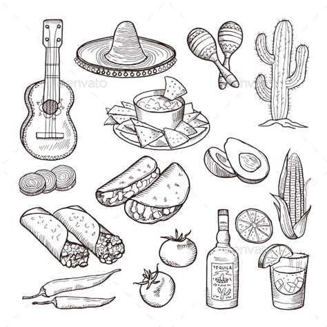 Mexican Culture Elements Tequila Tattoo Ideas, Mexican Symbols Tattoo, Taco Doodle, Sombrero Tattoo, Taco Tattoo, Mexican Illustration, Koch Tattoo, La Muerte Tattoo, Mexico Tattoo