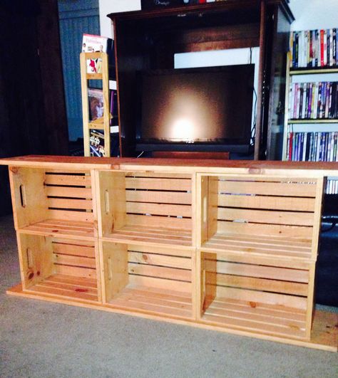 TV Stand made from crates.  Just stained the crates Michael's with coupons and bought pre cut wood for top and bottom. Screwed pieces together.  Under $70 total Wooden Crate Tv Stand Diy, Wooden Crate Tv Stand, Wooden Crates Tv Stand, Diy Crates, Crate Shelving, Diy Wood Crate, Crate Tv Stand, Pallet Tv Stand, Crate Decor