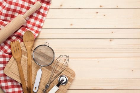 Wooden spoons and other cooking tools wi... | Premium Photo #Freepik #photo #menu #restaurant #kitchen #table Background Kitchen Wallpapers, Cute Cooking Wallpaper, Cooking Tools And Equipment, Cooking Template Background, Kitchen Border Ideas, Cooking Aesthetic Background, Cooking Background Design, Cookery Background Design, Kitchen Tools Wallpaper