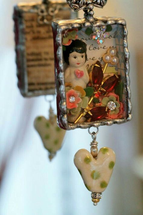 Assembledge Art, Stained Glass Soldering, Heart Shadow Box, Glass Soldering, Heart Shadow, Assemblage Art Dolls, Altered Tins, Frozen Charlotte, Morning Glories