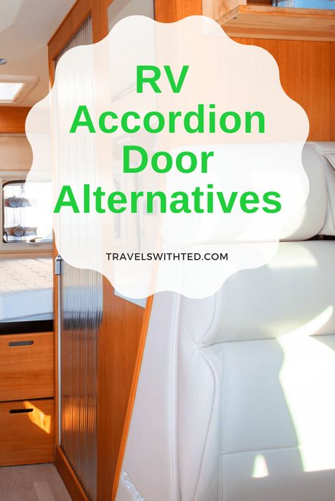 Looking for RV accordion door alternatives or other RV door makeover ideas? Look no further! We have 8 great RV bedroom door ideas and RV bathroom door ideas that are attractive, lightweight and easy to install. Click now to find your RV accordion door replacement today. Rv Bedroom Door Curtain Ideas, Rv Bathroom Door Makeover, Rv Door Curtain Ideas, Camper Bedroom Door Ideas, Accordian Door Replacement, Rv Closet Door Makeover, Rv Bedroom Door Ideas, Rv Interior Door Ideas, Accordian Door Diy