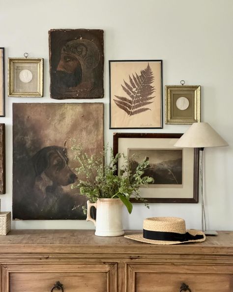 Holly Garritano | Love a good vintage gallery wall. Swipe to see the sources! I put together a list of things to keep in mind when planning a vintage gallery… | Instagram Cottage Core Photo Wall, Southwestern Gallery Wall, Gallery Wall In Corner, Thrifted Gallery Wall Ideas, Cozy Gallery Wall, Gallery Wall Above Dresser, Vintage Gallery Wall Ideas, Gallery Wall Aesthetic, Moody Room