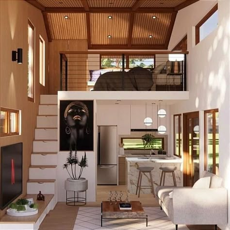 Small Loft House, House With A Loft, Loft House Ideas, House With Loft, Loft Homes, Tiny Loft, Loft House Design, House Plan With Loft, Tiny House Village