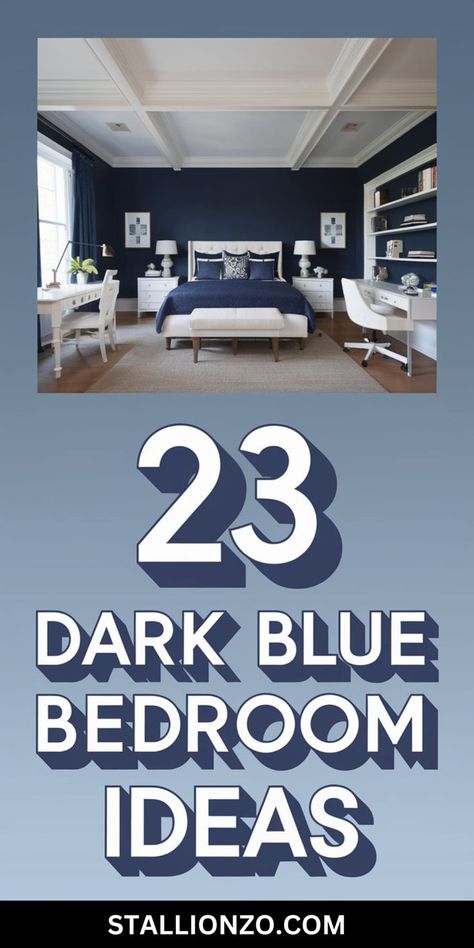 A chic dark blue bedroom with contemporary design features. Dark Blue Bedrooms Ideas, Navy Blue Walls Bedroom, Navy And Green Bedroom, Black And Blue Bedroom Ideas, Royal Blue Bedroom Ideas, Deep Blue Bedroom, Dark Blue Bedroom Ideas, Navy Blue Bedroom Decor, Dark Blue Bedroom Walls