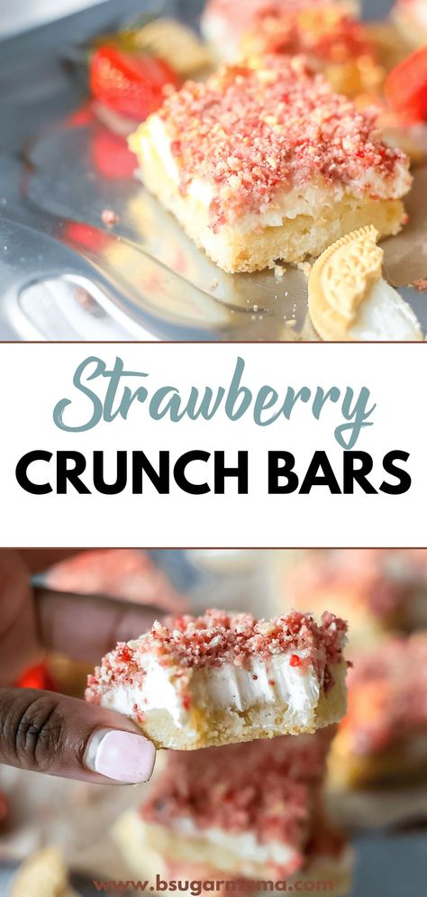 Looking for a delicious dessert that's perfect for any occasion? Try these scrumptious strawberry crunch cheesecake bars! With a creamy cheesecake filling and crunchy strawberry topping, these bars are sure to satisfy your sweet tooth. Customize the recipe to your liking and store them in the fridge for up to three days. Give them a try today! Strawberry Crunch Cheesecake Bars, Strawberry Crunch Bars, Strawberry Crunch Cheesecake, Strawberry Shortcake Bars, Crunch Cheesecake, Cream Cheese Sugar Cookies, Strawberry Crunch, Crunch Bars, Cream Cheese Topping