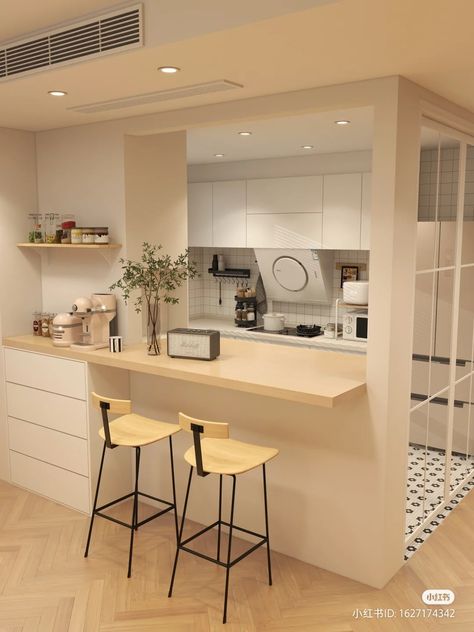 Small Aesthetic Kitchen Ideas, Aesthetic Condo Design, Small Unit Decor Ideas, Town House Interior Design Ideas, Modern Muji Interior Design, Aesthetic Kitchen Small, Eating Table Dining Rooms, Kitchen Design Without Upper Cabinets, Small Kitchen Condo