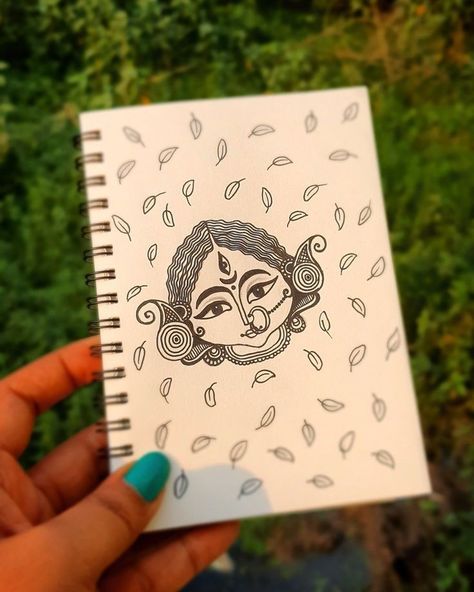 Durga Puja Doodle Art, Goddess Parvati Art, Durga Maa Doodle Art, Durga Doodle Art, Durga Illustration, Goddess Katyayani, Bengali Illustration, Doodle Mandala Art, Parvati Goddess