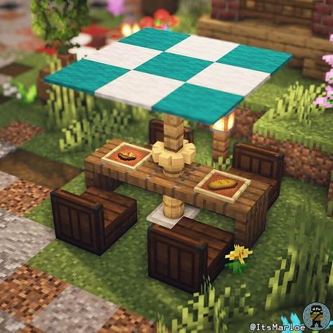 Outdoor Patio Ideas Minecraft, Picnic Bench Minecraft, Minecraft Hangout Ideas, Mincraft Idea Outdoor, Minecraft Picknick Table, Patio Minecraft Ideas, Minecraft Porch Decor, Minecraft Grill Ideas, Outdoor Ideas Minecraft