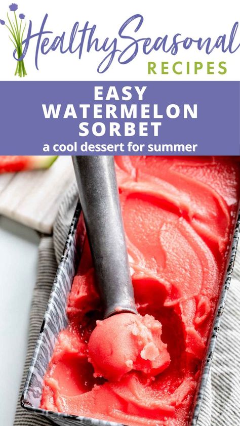 Easy Watermelon Sorbet in a tray. Watermelon Sherbet Recipe, Strawberry Coulis Recipe, Healthy Watermelon Sorbet, Watermelon Sorbet Recipes, Seedless Watermelon, Homemade Sorbet, Dessert For Summer, Sorbet Is, Watermelon Sorbet