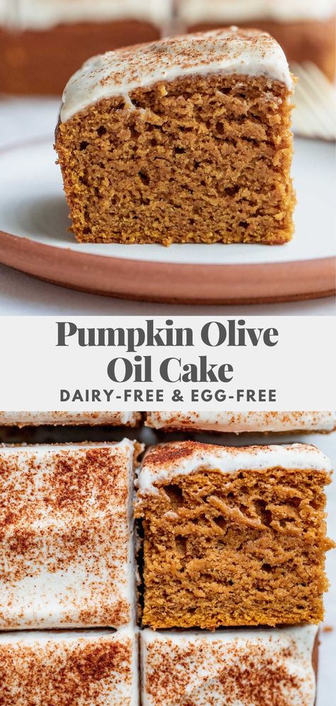 A fluffy and moist Pumpkin Olive Oil Cake infused with warming pumpkin spice and the right amount of sweet for the ultimate fall treat. The best part, it maintains the perfect crumb while being completely dairy-free and egg-free. Oil Cake, Olive Oil Cake, Dairy Free Eggs, Warm Cake, Pumpkin Flavor, Pumpkin Cake, Vegan Cake, Canned Pumpkin, Vegan Breakfast Recipes