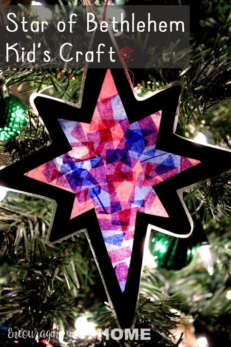 Star of Bethlehem Craft for Kids - make a beautiful make a christmas ornament children will remember and point them to Jesus, light of the world with this fun Bible craft activity for your Advent celebration. Christmas Catholic Crafts For Kids, Diy North Star Ornament, Bethlehem Crafts For Kids, Christmas Star Preschool Crafts, Sunday School Ornament Craft, Christian Christmas Party Ideas For Kids, Nativity Star Craft, Advent Crafts For Kids Catholic, Sunday School Christmas Ornaments