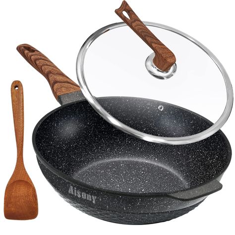 PRICES MAY VARY. 【Pan Set Suitable for Everyday Use】The wok pan is perfect to deep fry, stir-fry, stew and simmers all kinds of tasty treats. It is not only a wok but also a frying pan, skillet, saute pan or stew pot, so you have everything you need in the kitchen to create delicious meals.This 12.5in a wok is large and suitable for the whole family. 【Nonstick Frying Pan】This 12.5 inch non-stick pan has a super non-stick and scratch-resistant interior for added durability, and food will cook opt Non Stick Frying Pan, Stove Black, Wok Pan, Copper Chef, Best Pans, Cast Iron Stove, Deep Fry, Fry Pan Set, Glass Cooktop