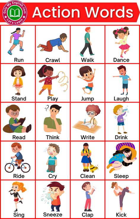 Action Words With Pictures, Action Words Worksheet, Actions Words, Verbs For Kids, Basic English Grammar Book, Teach English To Kids, English For Kids, English Learning Books, English Teaching Materials