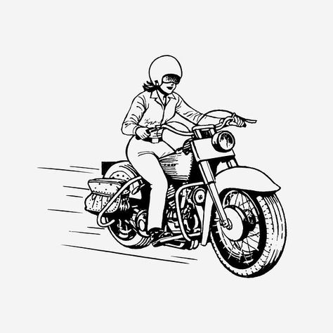 Motorcycle Black And White, Bath Drawing, Woman Biker, Motorcycle Icon, Helmet Drawing, Vehicle Illustration, Motorcycle Drawing, Helmet Motorcycle, Clipart Vintage