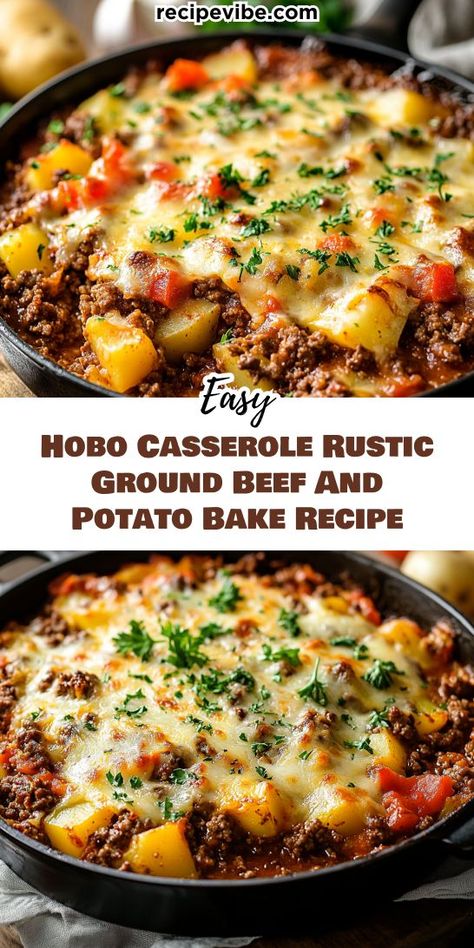 Want to impress your loved ones with a mouthwatering dish that’s easy to make? Our Hobo Casserole combines savory ground beef and hearty potatoes for a rustic delight! Be sure to save this recipe for your next family gathering or weeknight dinner! Recipes Using Potatoes And Ground Beef, Potatoes And Meat Recipes, Ground Beef Recipes For Lunch Easy Meals, Meat And Potato Casserole Recipes, Ground Beef And Scalloped Potatoes, One Pot Dinners Ground Beef, Dinner Ideas With Ground Beef And Potato, Ground Beef And Potato Recipes Casseroles, Ground Beef Dump Recipes