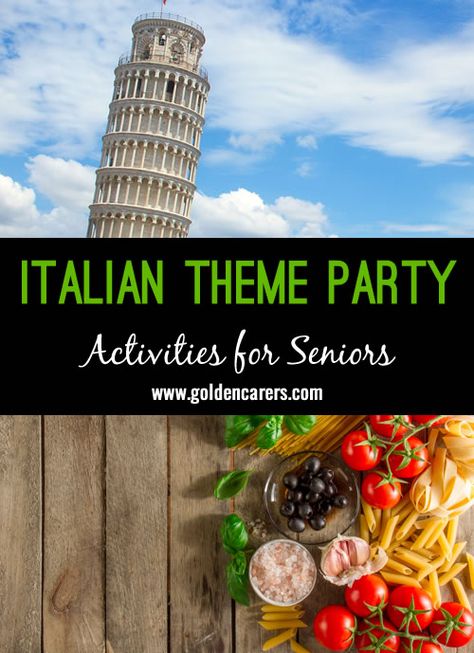 Host your own Italian Themed Party! A fun theme day idea for nursing homes and senior care facilities. Italy Theme Party, Activity Ideas For Seniors, Italian Theme Party, Italy Party Theme, Italian Themed Party, Night In Italy, Party Themes For Adults, Ideas For Seniors, June Activities