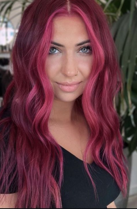 Violet And Magenta Hair, Burgundy And Magenta Hair, Pink Dark Brown Hair, Cherry Red And Pink Hair, Magenta Hair Balayage, Deep Magenta Hair, Magenta Hair Aesthetic, Pink Split Dyed Hair, Dark Red And Pink Hair