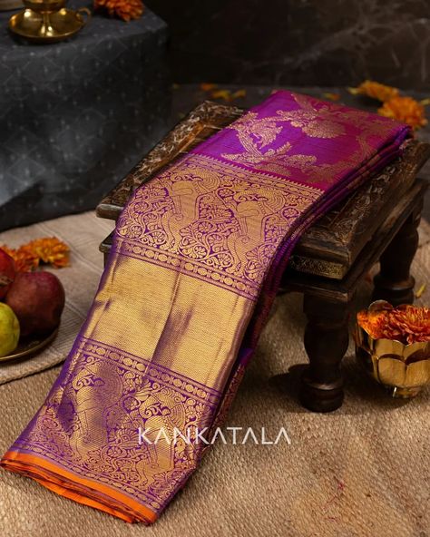 Kanchipuram silk sarees Saree Catalogue Shoot, Saree Creative, Purple Sarees, Traditional Indian Saree, Saree Catalogue, Catalogue Shoot, Saree Shoot, Kanchi Saree, Peacock Motifs