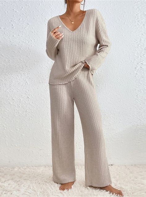 Knit Lounge Set, Womens Loungewear Sets, Drop Shoulder Top, Top And Pants Set, Cooler Look, Henley Top, Loungewear Sets, Cotton Set, Pantalon Large