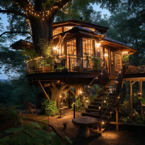 Aesthetic Cabin Exterior, Cozy Treehouse Aesthetic, Tree House House, Forest Tree House Aesthetic, Woodland House Interior, Cute Cottage House Exterior, Aesthetic Treehouse, Tree House Aesthetic, Treehouse Aesthetic