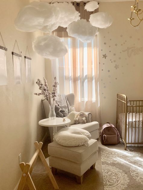 Neutral Cloud Moon Stars Nursery Cloud Lights Nursery, Star And Cloud Themed Nursery, White Cloud Nursery, Cloud Decor Bedroom, Dreamland Nursery Theme, Cloud Stars Nursery, Sweet Dream Nursery Theme, Moon Decor Nursery, Stars Moon Clouds Nursery