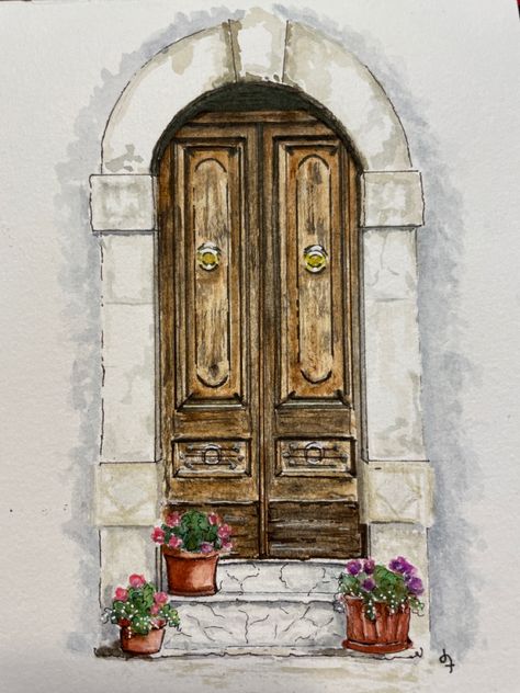 Artist: Dana Travis | Watercolor + Ink Greek Door Painting, Greek Watercolor, Door Trim Ideas Interior, Interior Door Trim Ideas, Craftsman Door Trim, Trim Molding Ideas, Exterior Entrance Doors, Paintings Nature, Window Cornices