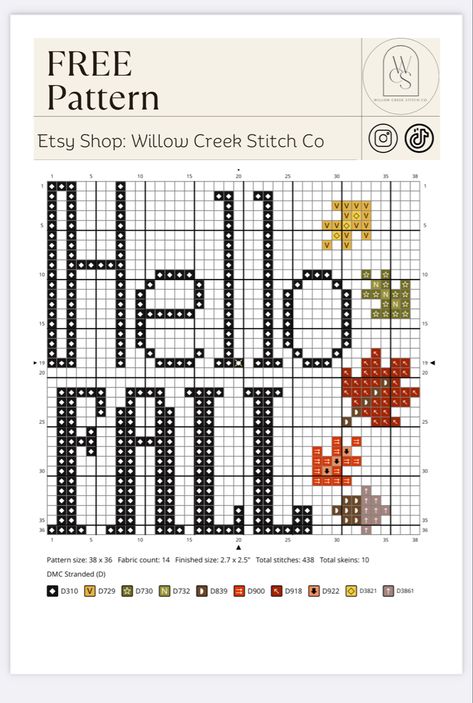 Cross stitch pattern, Free, Hello Fall DIY Decor Cross Stitch Patterns Fall, Halloween Counted Cross Stitch Patterns, Cross Stitch Fall Patterns, Cross Stitch Sampler Patterns Free, Cross Stitch Freebies Printables Pattern, Printable Cross Stitch Patterns Free, Cross Stitch Halloween Patterns, Free Fall Cross Stitch Patterns, Free Cross Stitch Patterns Flowers