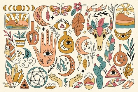 Astrology Doodles, Mystic Pattern, Mystical Illustration, Esoteric Logo, Magic Doodle, Astrological Elements, Mystic Illustration, Witchy Art, Boho Elements