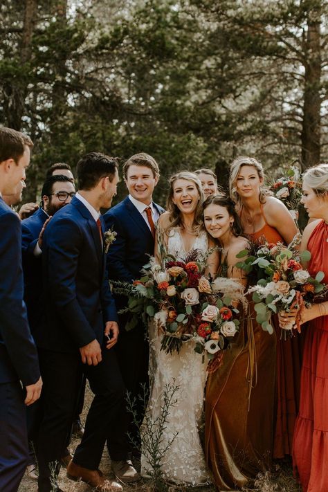 Autumn Wedding Tuxedo, Men’s Suits For Fall Wedding, Fall Wedding Colors Tuxedo, Navy And Rust Bridal Party, Fall Color Bridal Party, Fall Bridal Party Photos, Fall Wedding Family Photos, October Wedding Bridal Party, New England Fall Wedding Colors