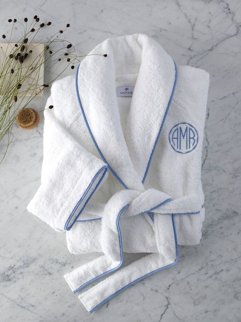 Shop designer bathrobes by Matouk, Yves Delorme and Abyss and Habidecor. Custom Robes, Luxury Linens, Terry Robe, 자수 디자인, Towel Collection, Terry Towel, Bias Tape, Fine Linens, Luxury Linen