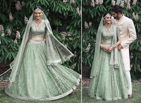 25 Minimalistic Bridal Lehengas you can mix-n-match for a whole new stunning look! | Fashion | WeddingSutra Makeup For Mint Green Dress, Mint Green Lehenga, Green Bridal Lehenga, Lehenga Ideas, Mauve Makeup, Indian Wedding Dresses, Green Wedding Dresses, Muslim Wedding Dresses, Gothic Wedding Dress