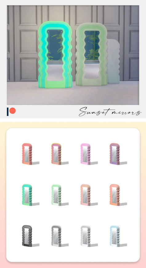 This sunset floor mirror CC set comes in 12 swatches with some very groovy designs. This CC would be perfect in any Sim's bedroom, whether your teen sim needs a floor mirror, or maybe your master bedroom needs one for picking out your attire! Either way this is one custom mirror you won't want to miss Sims 4 Mirrors Cc, Sims 4 Cc Floor Mirror, Sims 4 Groovy Cc, Sims 4 Cc Full Body Mirror, Mirrors Sims 4 Cc, Sims 4 Cc Groovy Furniture, Smart Mirror Sims 4 Cc, Sims 4 Cc Mirror Wall, Sims 4 Disco Ball