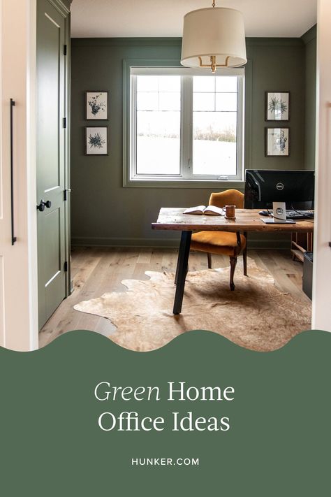 Green Office Design Paint Colors, Emerald Green Home Office Ideas, Safe Green Office, Green Home Office Walls, Small Green Office Ideas, Forest Green Home Office, Dark Green And White Office, Green And White Office Ideas, Green Walls Home Office