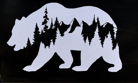 Bear with mountain camping decal. Bear Decal, Laptop Decoration, Mountain Decal, Van Wall, Yeti Decals, Bear Mountain, Black Stickers, Decoration Stickers, Window Decals