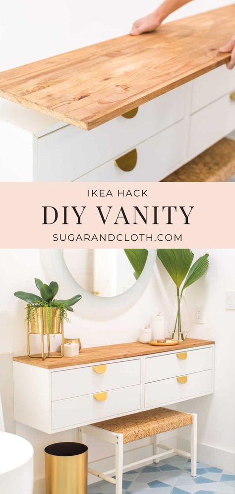 When it comes to making a dressing table, this Ikea DIY vanity hack is about as easy as it gets! It’s perfectly customizable and budget-friendly. #diyvanity #ikeahack #bathroom #vanitytable Vanity Ikea Hack, Bedroom Ideas Angled Ceilings, Diy Dressing Table, Attic Bedroom Ideas Angled Ceilings, Sloped Ceiling Lighting, Diy Dressing Tables, Vanity Ikea, Ikea Dressing Table, Diy Vanity Table