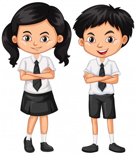 Boy and girl in school uniform Free Vect... | Free Vector #Freepik #freevector #school #kids #education #woman Boy Uniform School Outfits, School Uniform Images, Uniform Drawing, Teacher Cartoon, Boy Uniform, Student Cartoon, Uniform School, Boy And Girl Cartoon, Boys Uniforms