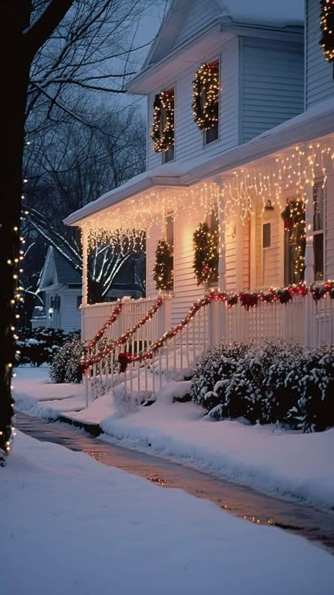 Exterior Christmas Lights White, Christmas Lights Small House, Southern Christmas Aesthetic, Aesthetic Christmas House, Warm White Christmas Lights Outdoor, Christmas Activity Ideas, White House Christmas, Christmas House Lights, Christmas Dreaming