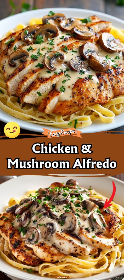 Delve into the creamy depths of our Chicken & Mushroom Alfredo, a rich blend of tender chicken, earthy mushrooms, and silky Alfredo sauce twirled with perfectly cooked pasta. This dish is a surefire way to turn any dinner into a special occasion. #ChickenAlfredo #MushroomPasta #CreamyDinner Chicken And Mushroom Alfredo, Chicken Mushroom Alfredo Pasta, Chicken Mushroom Alfredo, Mushroom Chicken Recipes, Fettucini Alfredo Chicken, Simple Chicken Alfredo Recipe, Mushroom Alfredo, Chicken Mushroom Pasta, Fettucini Alfredo