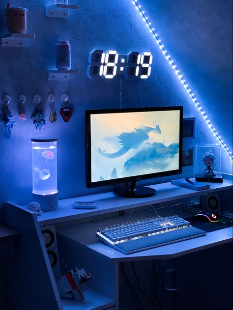 Pc Gaming Setup Aesthetic Blue, Sci Fi Aesthetic Room, Dark Blue Gaming Room, Futuristic Aesthetic Room, Dark Blue Gaming Setup, Futuristic Bedroom Aesthetic, Robotcore Aesthetic, Lain Room, Bedroom Futuristic