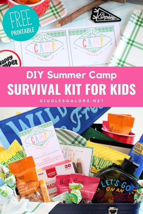 Summer Camp Basket. With Text Reading: The Best Summer Camp Survival Kit For Kids. Camp Survival Kit, Kids Survival Kit, Survival Kit Ideas, Summer Camp Care Package, Summer Camp Gift, Camp Care Packages, Care Package Ideas, Survival Kit Gifts, Lake Fun